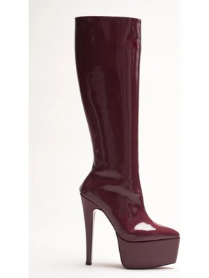 Ayakkabı Ateşi Kadın Sivri Burun Yüksek Topuklu Çizme Carmen Bordo Rugan