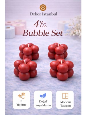 Dekor İstanbul Bubble Mum 4’lü Set Kırmızı | El Yapımı Doğal Soya Mumu | Dekoratif Modern Mum