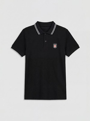 LC Waikiki Lcw Kids Siyah Beşiktaş Baskılı Erkek Çocuk Polo Yaka Pike Tişört