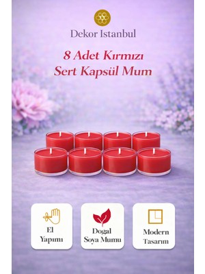 Dekor İstanbul 8’li Kırmızı Sert Kapsül Mum Seti Doğal Soya El Yapımı Dekoratif Modern Hediye