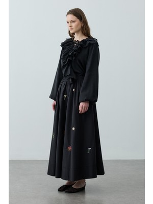 Fahhar Nakışlı Büzgülü Etek Siyah