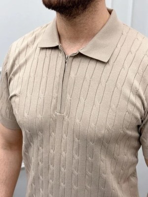 Erkek Yazlık Triko Saç Örgü Tişört Kısa Kol Polo Yaka Fermuarlı T-Shirt - Bej