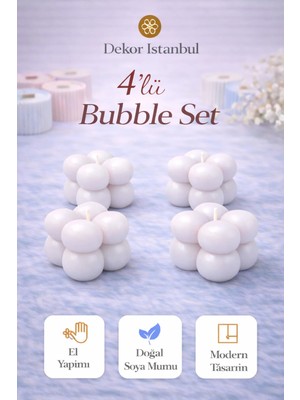 Dekor İstanbul Bubble Mum 4’lü Set Beyaz | El Yapımı Doğal Soya Mumu | Dekoratif Modern Mum