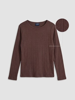 LC Waikiki Lcw Kids Kahverengi Bisiklet Yaka Uzun Kollu Kız Çocuk Tişört