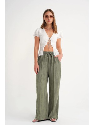 Mixray 4643 Kadın Önü Çımalı Palazzo Bol Paça Pantolon Haki