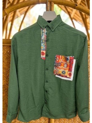 Hasır Cepli Keten Gömlek Yeşil