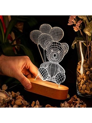 Balon Tutan Sevimli Ayıcık 3 Boyutlu LED Lamba USB Bağlantılı Sarı Işık