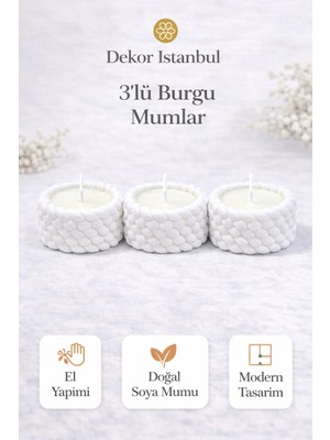 Dekor İstanbul 3’lü Burgu Mum Seti – El Yapımı Doğal Soya Mum, Modern Dekoratif Mum