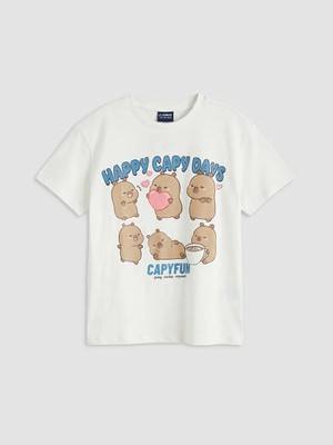 LC Waikiki Lcw Kids Ekru Bisiklet Yaka Capyfun Baskılı Kız Çocuk Tişört