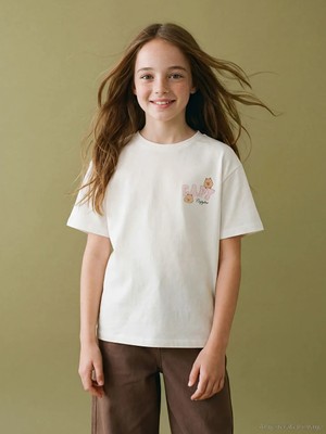LC Waikiki Lcw Kids Ekru Capyfun Baskılı Kız Çocuk Tişört