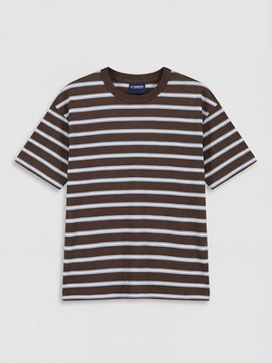 LC Waikiki Lcw Kids Kahverengi Bisiklet Yaka Çizgili Erkek Çocuk Tişört