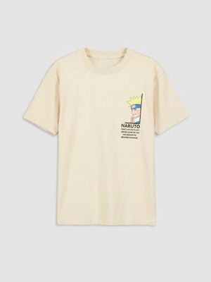 LC Waikiki Lcw Kids Bej Bisiklet Yaka Naruto Baskılı Erkek Çocuk Tişört