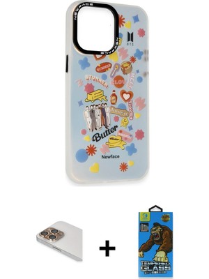 Cepte Toptan iPhone 13 Pro Max Siluet Çizgi Koleksiyonu - Siyah 18D Cam Ekran Koruyucu + Gold Pers Alüminyum Kamera Lens