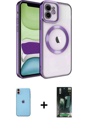 Cepte Toptan iPhone 11 Nova Işık Özel Seri - Şeffaf 360 Full Body Arka Koruyucu + Turuncu Neon Fosforlu Kamera Lens