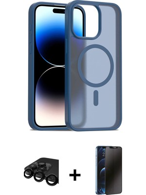 Cepte Toptan iPhone 15 Pro Siluet Minimal Prime - Siyah 3D Antistatik Hayalet Cam Ekran Koruyucu + Siyah Raze Metal Kamera Lens