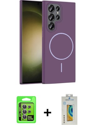 Cepte Toptan Galaxy S24 Ultra Siluet Doku Özel Seri - Siyah Polymer Nano Ekran Koruyucu + Mor Raze Metal Kamera Lens