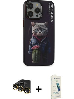 Cepte Toptan iPhone 14 Pro Siluet Modern Özel Seri - Şeffaf Pasifik Cam Ekran Koruyucu + Gold Raze Metal Kamera Lens