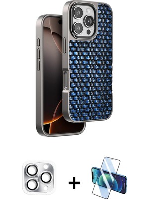 Cepte Toptan iPhone 16 Pro Max Siluet Form Serisi - Siyah 3D Antistatik Seramik Nano Ekran Koruyucu + Gümüş Pers Alüminyum Kamera Lens