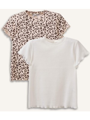 DeFacto Bisiklet Yaka Leopar Desenli Fitilli Kaşkorse 2'li Uzun Kollu Tişört Kız Bebek H3002A526SM