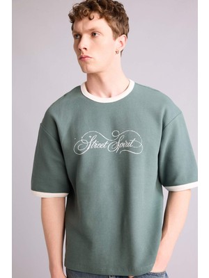 DeFacto Boxy Fit Baskılı Waffle Tişört H3526AX26SP