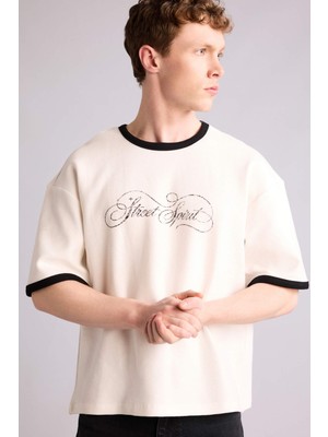 DeFacto Boxy Fit Baskılı Waffle Tişört H3526AX26SP