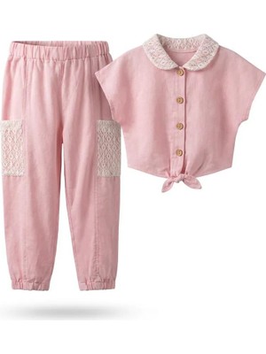 Serkon Kız Bebek Dantel Detaylı 2’li Takım –keten Yazlık Gömlek ve Pantolon, %100 Pamuklu, Günlük & Bayramlık
