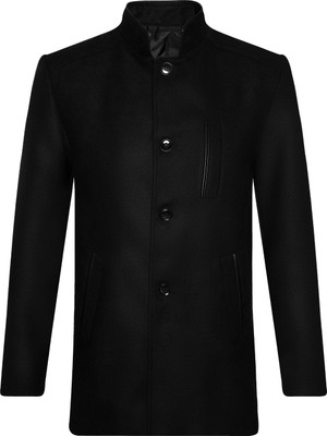 Süvari Siyah Erkek Kaban Hakim Yaka Uzun Kol Polyester Düz Desenli Şık Tasarım