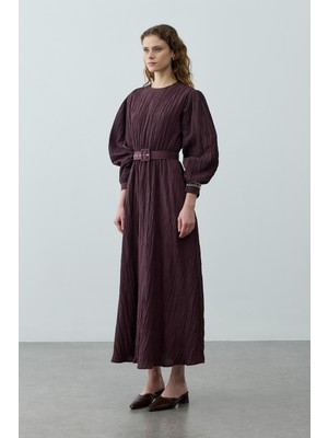 Fahhar Kıraşlı Kaplama Kemerli Elbise Mürdüm