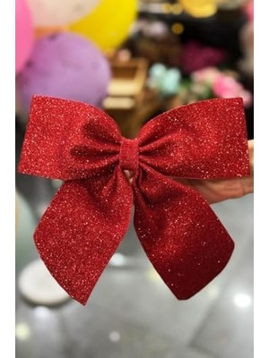 Yılbaşı Ağacı 2'li Fiyonk Kırmızı Simli Eva Kapı ve Cam Süsleme