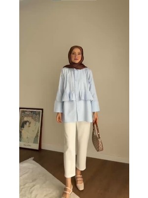 RFK Butik Kadın Alerli Seyyar Kemerli Poplin Gömlek Tunik - Mavi