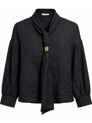 Mixray 4839 Kadın V Yaka Dökümlü Fular Detaylı Bluz Siyah