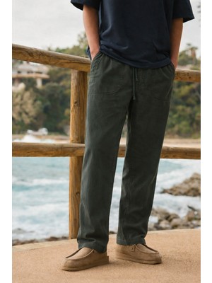Damga Erkek Relax Fit Yazlık Salaş K.haki Keten Pantolon