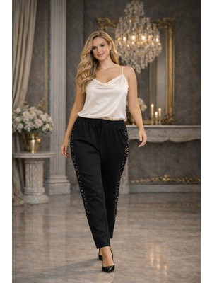 Wearon Kadın Yanları Şerit Pul Detaylı Beli Lastikli Üst Kalite Büyük Beden Pantolon