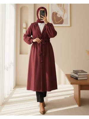 Modamorfo Hakim Yaka Tünel Bağcıklı Kaşe Kaban   -Bordo