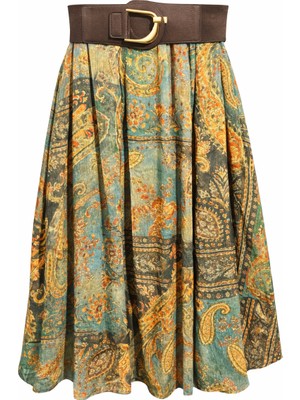 Mixray 4872 Kadın Kemerli Şal Desenli Midi Etek Yeşil