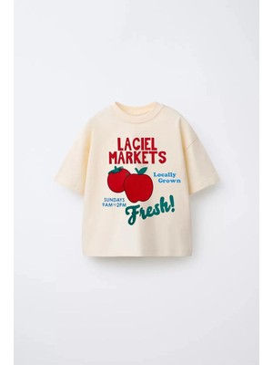 Magu Unisex Çocuk Pamuklu Ekru Elma Baskılı Tişört - Yazı Detaylı