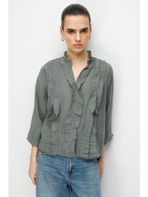 Mixray 4830 Kadın Hakim Yaka Fırfırlı Volanlı Bluz Haki