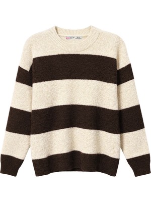 Mixray 7018 Kadın Yün Karışımlı Yumuşak Dokulu Basic Çizgili Kazak Kahve