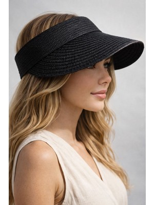 Aydın Şapkacınız Kadın Hasır Vizör Şapka Arkası Ayarlanabilir Lastikli Üstü Açık Yazlık Güneş Şapkası
