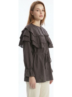 Rays Kahve Büzgülü Balon Kol Kat Kat Bluz 0062