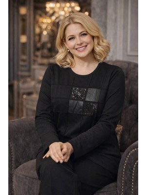 Wearon Kadın Kristal Kumaş Pul ve Deri Detay Üst Kalite Büyük Beden Bluz