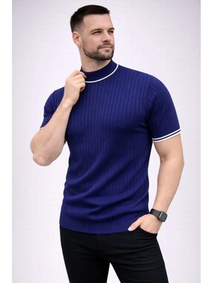 Erkek Fitilli Triko Dokuma Kısa Kol Tişört Yarım Boğaz Modern Yazlık T-Shirt - Lacivert