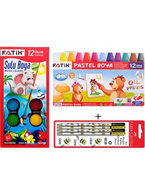 Fatih 2'li Boyama Seti Pastel Boya + Sulu Boya + Kalem Seti 12 Renkli Eğlenceli Araçlar