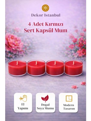 Dekor İstanbul 4 Adet Kırmızı Sert Kapsül Mum | El Yapımı Doğal Soya Mumu Modern Lüks Dekoratif Set