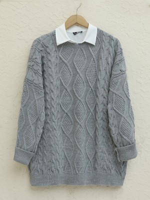 Modamorfo Petek Desen Kışlık Salaş Triko Kazak     -Gri