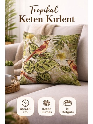 Home Tropikal Kuş Desenli Keten Dokulu Dekoratif Kırlent – 45X45 cm
