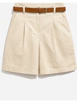 Mixray 40222 Kadın Yüksek Bel Hasır Kemerli Pileli Şort Naturel