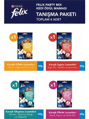 Felix Party Mix 4lü Tanışma Paketi Karışık Kedi Ödül Maması Yetişkinler İçin Lezzetli Seçenekler