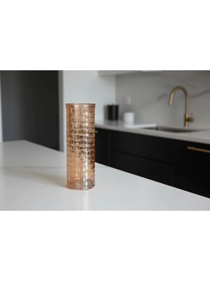 İpek Porselen Amber Bal Rengi Hasır Desenli Silindir Cam Çiçek Vazosu 19 cm