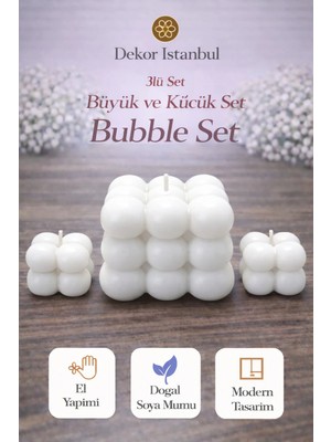 Dekor İstanbul Bubble Mum 3’lü Set Beyaz | El Yapımı Doğal Soya Mumu | Dekoratif Büyük Küçük Mum